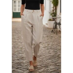 Talbots Petites Women's Linen Pleated Pants Sz 12 Beige High Rise Cropped Casual